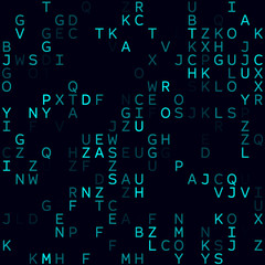 Digital background. Cyan sparse alphabetical background. Small sized seamless pattern. Stylish vector illustration.