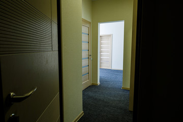 Long bright entrance hall with doors in a new hotel with wardrobe