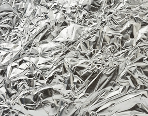 texture of shiny crumpled piece of gray foil, packaging material for food and objects