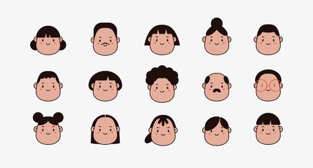 Pink skin, black hair. Abstract avatars. Stylish Haircuts. Minimalistic Icons. Outline trendy Vector illustration. Cartoon Asian style. Simple cute design. All elements are isolated