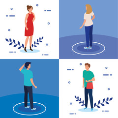 set scenes of campaign of social distancing for covid 19 vector illustration design