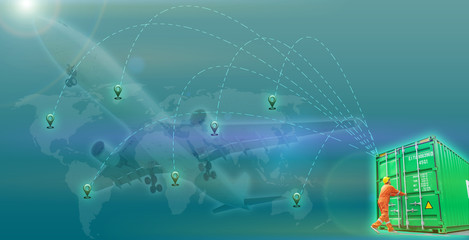 Staff opens the container for inspection.The linked network background on the world map. Logistic background Concept. Business transportation and cargo. Aviation business, Loading and unloading goods.