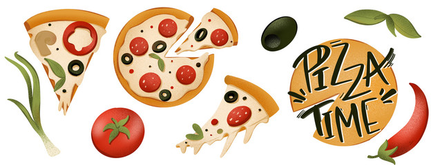 Seth a piece of pizza, tomato, olives, pepper, lettering pizza time on a round digital art texture emblem. Print for cards, banners, posters, menus, restaurants, cuisine, fabrics, stickers.