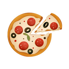 Juicy round pizza with sliced slice and pepperoni, olives. Digital texture art. Print for cards, banners, posters, menus, restaurants, cuisine, fabrics, stickers.