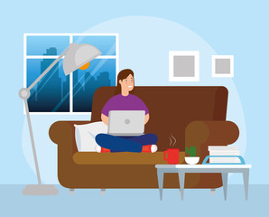 woman working in telecommuting sitting in couch with laptop vector illustration design