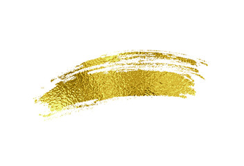 Gold foil brush stroke. Golden scribble, glitter texture isolated on white background. Vector shiny metallic brushstroke element design