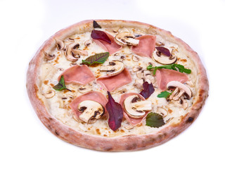 Pizza with bacon, mushrooms and basil isolated on white background