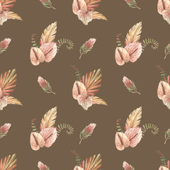 Watercolor seamless pattern with boho tropical plants. Exotic flowers  and leaves pastel, haki. Vintage wallpapers. Best for prints, scrapbooking, fabric, bedding textile, wrapping paper, giftboxes. 