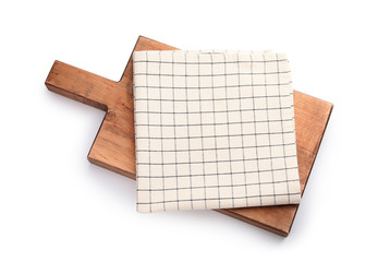 Clean napkin with cutting board on white background