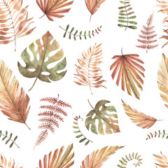 Watercolor seamless pattern with boho tropical plants. Exotic flowers  and leaves pastel, haki. Vintage wallpapers. Best for prints, scrapbooking, fabric, bedding textile, wrapping paper, giftboxes. 