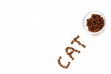 The word CAT is laid out with dry cat food on a white background next to a bowl of cat dry food.