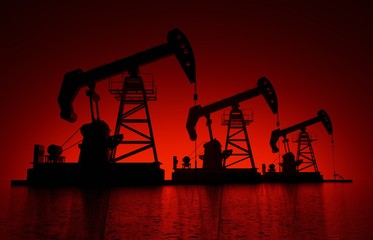 Three oil rigs pumps silhouettes on dark red sky background 3D render