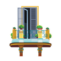 Arched window with balcony, houseplant decor and ornate handrail isolated on white background. Exterior view of window facade with plant - flat vector illustration