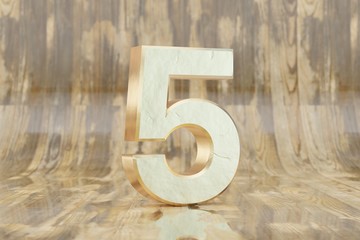 Gold 3d number 5. Golden number on glossy wet wooden background. 3d rendered font character.