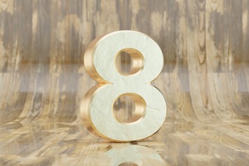 Gold 3d number 8. Golden number on glossy wet wooden background. 3d rendered font character.