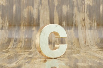 Gold 3d letter C lowercase. Golden letter on glossy wet wooden background. 3d rendered font character.