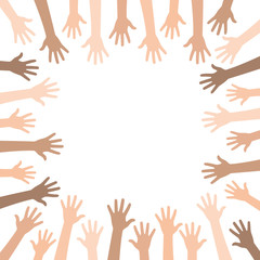 Vector. Many hands of different nationalities forming a square. White background.
