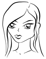 Vector portrait of cartoon girl. Sketch girl painted by lines