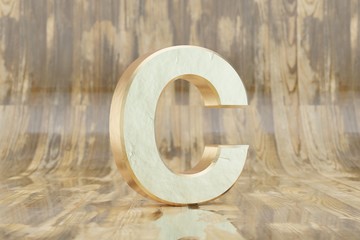 Gold 3d letter C uppercase. Golden letter on glossy wet wooden background. 3d rendered font character.