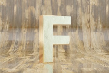 Gold 3d letter F uppercase. Golden letter on glossy wet wooden background. 3d rendered font character.