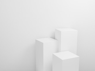 3d exhibition stand. White blank empty podium isolated on gray background for presentation and exposition. Pedestal for display product. Interior stage design. Abstract 3d podium for mock up store.