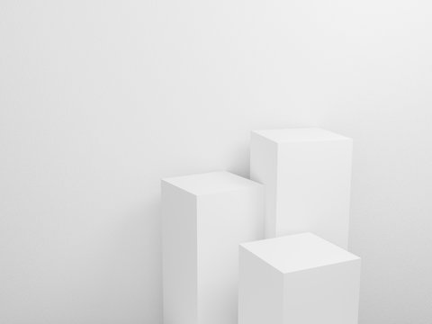 3d exhibition stand. White blank empty podium isolated on gray background for presentation and exposition. Pedestal for display product. Interior stage design. Abstract 3d podium for mock up store. © yayha