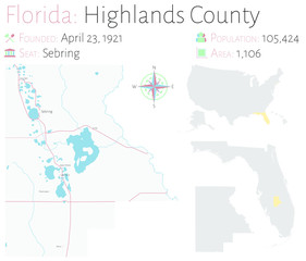 Large and detailed map of Highlands county in Florida, USA.
