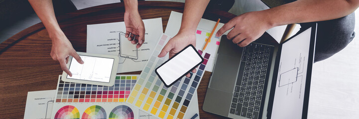 Creative Team Meeting to Discuss the Terms of Use of Original Product Colors for Product Design in Coworking Space, Teamwork modern Cooperation concept.