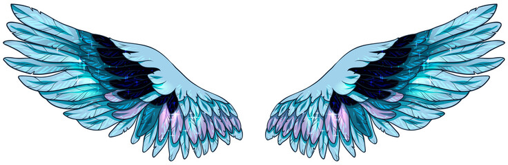 Fototapeta premium Beautiful magic glowing shiny blue wings, vector