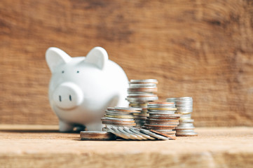 Business Concept, Finance Growth in investment for saving up money with coin stacked in pile  with piggy bank on wooden background with copyspace