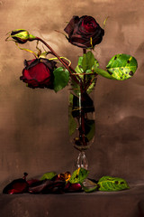 Still life with a bouquet of dried roses.