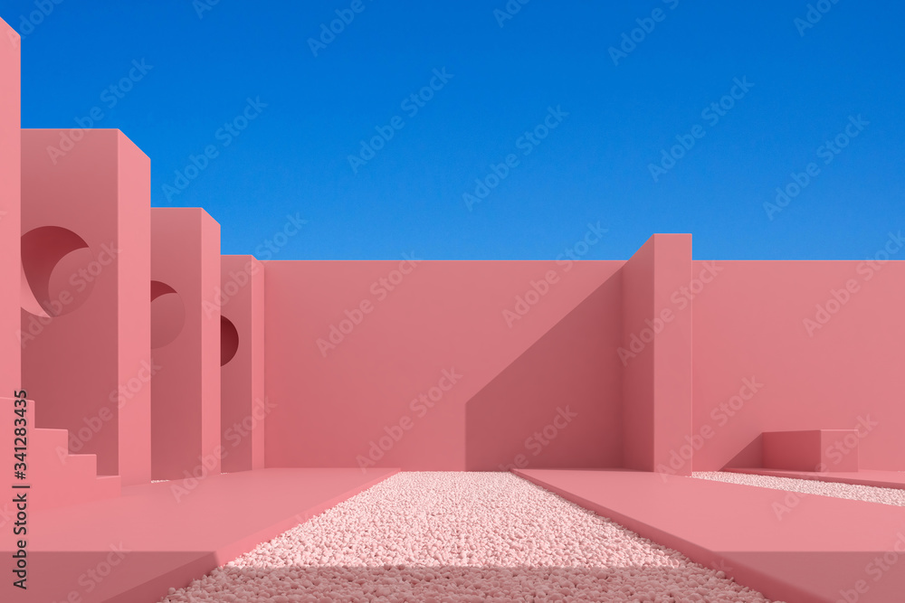 Poster Minimal style of architectural buildings with stairs and gravel, Architecture idea with shade and shadow on wall. 3D rendering.