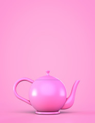 Pink ceramic teapot on a pink background. With copyspace. Side view.