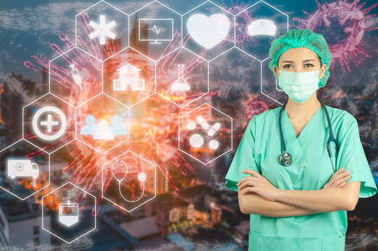 Medical Staff wear face mask, virus protection with innovative of futuristic medical graphic info, safe from virus outbreak for medical, wellness, healthy and technology concept with virus 3d model