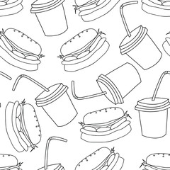 Burgers and drinks: transparent seamless pattern, fastfood wrpping design. Vector graphics.