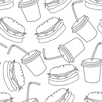 Burgers and drinks: transparent seamless pattern, fastfood wrpping design. Vector graphics.