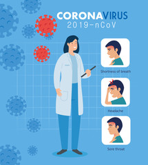 doctor female with campaign of symptoms coronavirus 2019 ncov vector illustration design