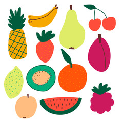 Set of  12 different fruits and berries. Vector illustration. 