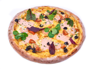 Pizza with salmon and vegetables isolated on white background