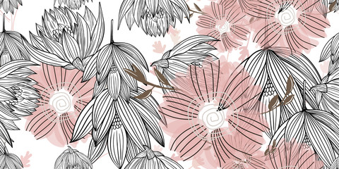 Simple cute lotus floral bouquet vector pattern with small and medium flowers and leaves.
