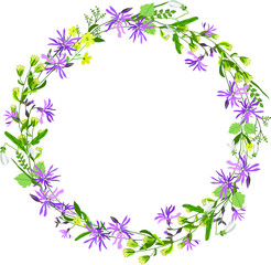 Natural wreath of flowering field plants. Medicinal flowers and herbs. Yellow, pink buds, leaves. Stock vector illustration isolated on white background. Botanical design for summer mood.