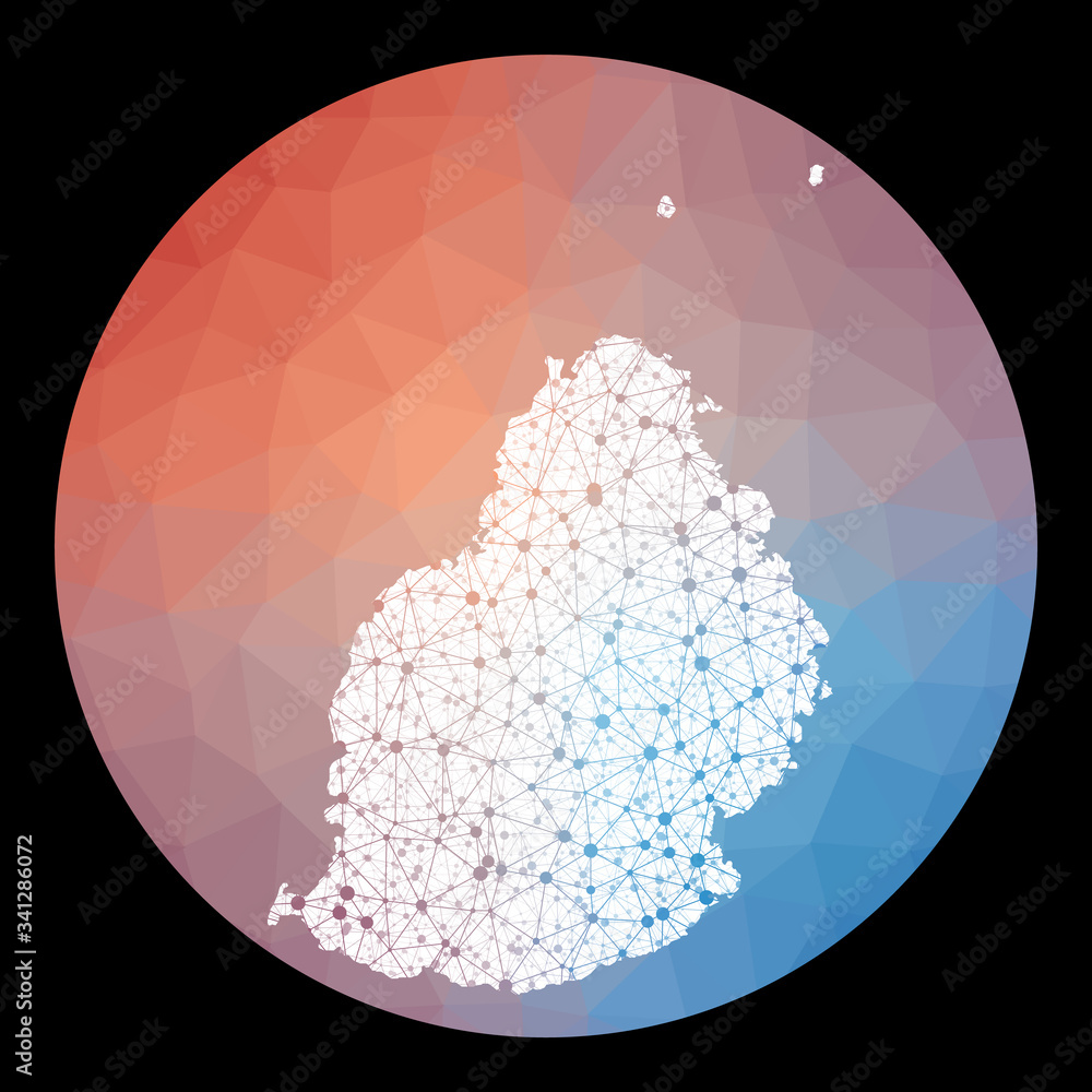 Poster vector network mauritius map. map of the island with low poly background. rounded mauritius illustra