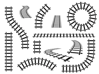 Foto op Plexiglas Railroad tracks. Straight, wavy and curved rails railway top view, ladder elements. Steel bars laid, construction isolated vector set © YummyBuum