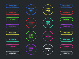 Web buttons. Neon glowing navigation button. Buy, now and learn, more. Download and read, labels for shop or game ui elements vector set