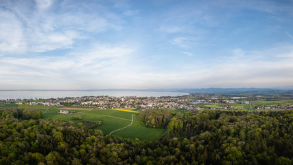 Fototapeta na wymiar Romanshorn and the lake of Constance from high above the forrest