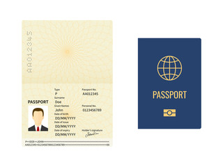 Passport template. Closed and open document for travel and immigration, identity pages with male photo, sample data and signature vector