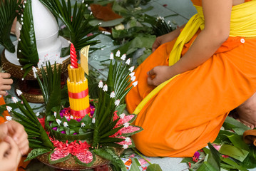 making of Phuang Malai, the Thai garland, by monks. in a temple in Chiang Mai, Thailand