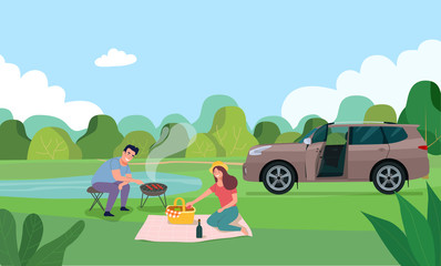 Obraz na płótnie Canvas Young happy couple having picnic in the forest. Vector flat illustration.