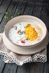 Cold okroshka summer soup.  Delicious, refreshing, nutritious and healthy.