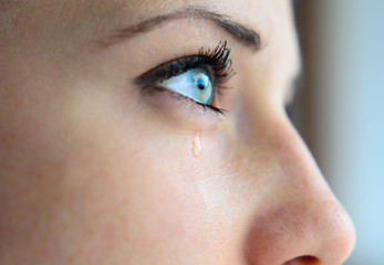 Blue eyes of a young girl crying  (close-up)